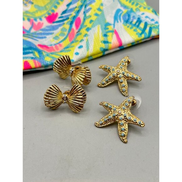 Signed Lilly Pulitzer Earrings Gold Bow & Starfish Studs Designer Signed Jewelry - Picture 6 of 9